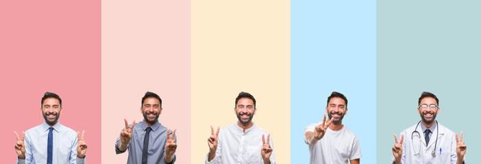 Collage of handsome man over colorful stripes isolated background smiling looking to the camera showing fingers doing victory sign. Number two.
