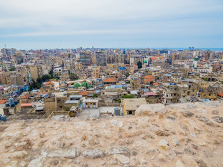 TRIPOLI, LEBANON - MAY 25, 2017: City aerial view from the Tripoli Castle.