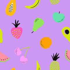 Hand painted seamless pattern with colorful fruits on violet background. - 277084673