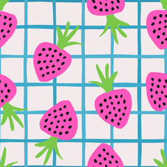 Colorful seamless pattern with hand painted strawberries on plaid background.
