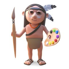 Artistic Native American Indian with paintbrush and palette, 3d illustration