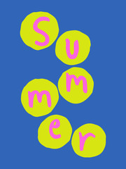 Modern design with text "Summer" in fuchsia and yellow on blue background.