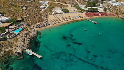 Aerial drone photo of iconic organised beach of Super Paradise with emerald clear sandy seascape,...
