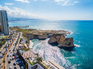 Naklejka premium Aerial view of the Pigeons' Rocks on Raouche. In Beirut, Lebanon 