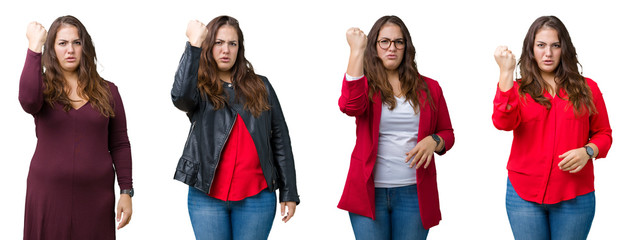 Collage of beautiful plus size business woman over isolated background angry and mad raising fist frustrated and furious while shouting with anger. Rage and aggressive concept.