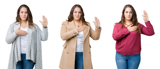 Collage of beautiful plus size woman over isolated background Swearing with hand on chest and open...