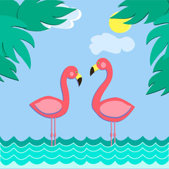 funny couple flamingo blue background waves leaves illustration cartoon style