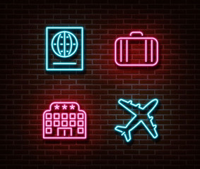 Neon luggage, id card, hotel, airplane signs vector isolated on brick wall. Passport, suitcase light