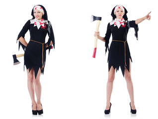 Young beautiful nun with hatchet isolated on white
