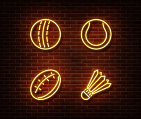 Neon rugby, badminton, cricket, baseball balls sign vector isolated on brick wall. Sport balls light - 277086691