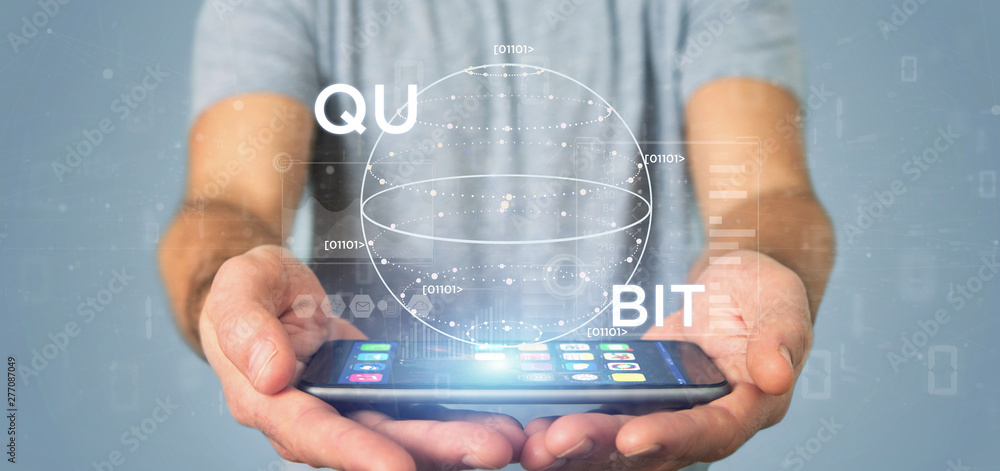 Poster businessman holding quantum computing concept with qubit icon 3d rendering