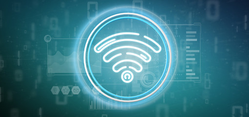 Wifi icon with stats and binary code 3d rendering