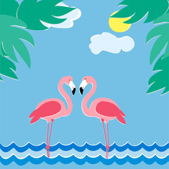  flamingo couple blue background waves leaves illustration cartoon style
