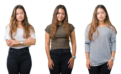 Collage of beautiful young woman over isolated background Relaxed with serious expression on face. Simple and natural looking at the camera.