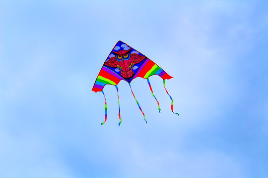 Colorful kite flying in blue sky with clouds. Freedom and summer family holiday concept