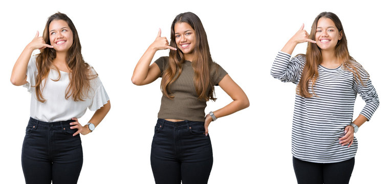 Collage of beautiful young woman over isolated background smiling doing phone gesture with hand and fingers like talking on the telephone. Communicating concepts.