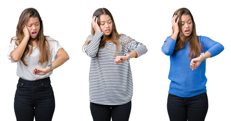 Obraz premium Collage of beautiful young woman over isolated background Looking at the watch time worried, afraid of getting late