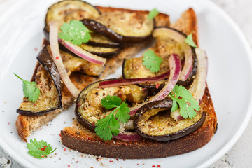 Gourmet rye bread sandwich with fried or baked eggplant, red onion, cilantro and spices. Mediterranean appetizer.  Selective focus