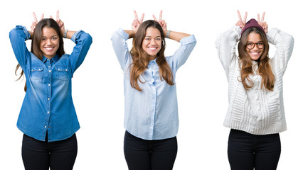 Collage of beautiful young woman over isolated background Posing funny and crazy with fingers on head as bunny ears, smiling cheerful