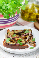 Gourmet rye bread sandwich with fried or baked eggplant, red onion, cilantro and spices. Mediterranean appetizer.  Selective focus