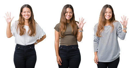 Obraz premium Collage of beautiful young woman over isolated background showing and pointing up with fingers number five while smiling confident and happy.