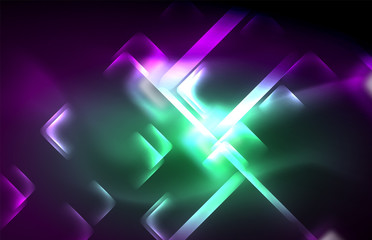 Neon square and line lights on dark background with blurred effects