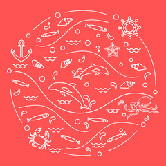 Cute vector illustration with dolphins, octopus, fish, anchor, helm, waves, seashells, starfish, crab arranged in a circle.