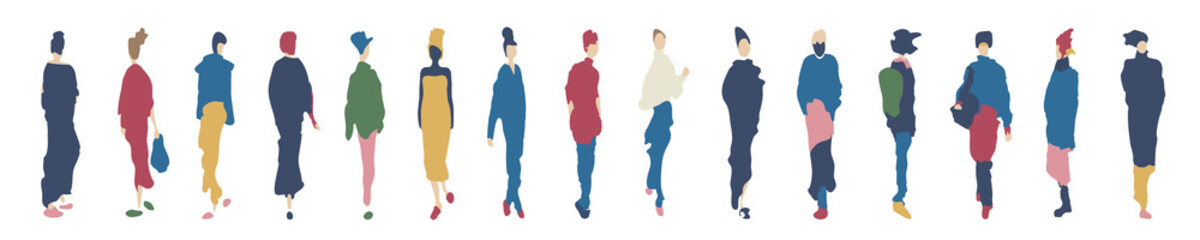 Obraz premium Group of female silhouettes in colorful fashionable clothes isolated on white background