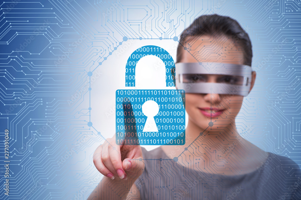 Poster man in digital security concept pressing button