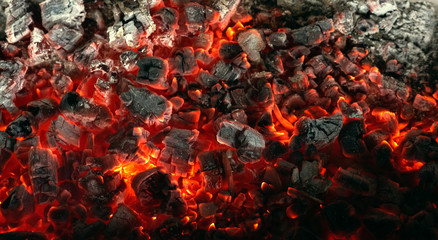 Burning coals from a fire abstract background.