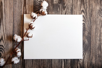 Artistic canvas and cotton plant. Natural white blank cotton canvas on brown wooden background. Top view. Mockup