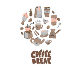 Coffee set round badge. Vector illustration.