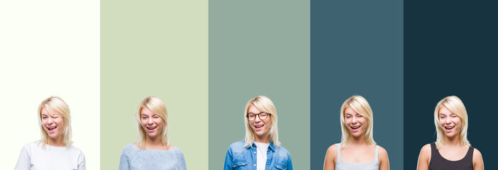Collage of beautiful blonde woman over green vintage isolated background winking looking at the...