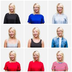 Collage of beautiful blonde woman wearing differents casual looks over isolated background winking...
