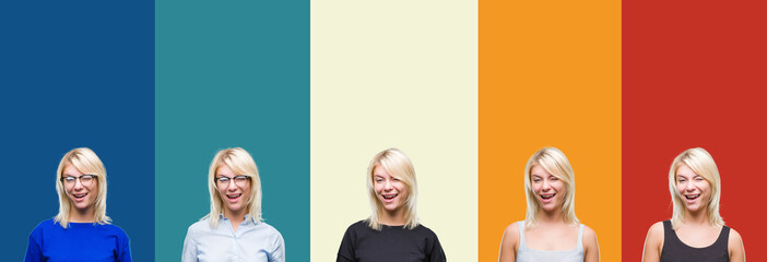 Collage of beautiful blonde woman over colorful vintage isolated background winking looking at the...
