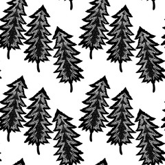 Obraz premium Mystical forest a lot of openwork unusual Christmas trees seamless pattern
