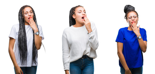 Collage of beautiful braided hair african american woman over isolated background bored yawning tired covering mouth with hand. Restless and sleepiness.