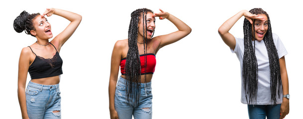 Collage of beautiful braided hair african american woman with birth mark over isolated background very happy and smiling looking far away with hand over head. Searching concept.