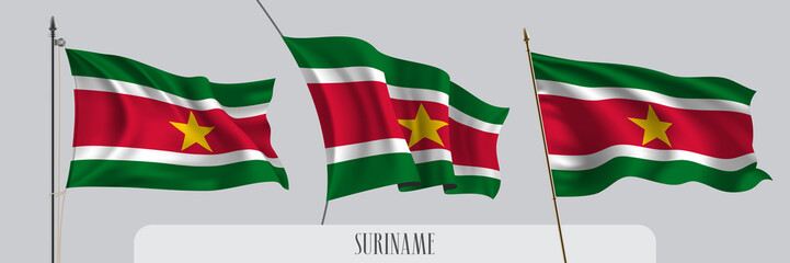 Set of Suriname waving flag on isolated background vector illustration