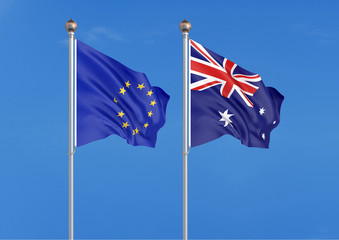 European Union vs Australia. Thick colored silky flags of European Union and Argentina. 3D illustration on sky background. - Illustration