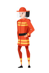 Adult male firefighter stand on ground wearing fireproof form cartoon character design flat vector illustration