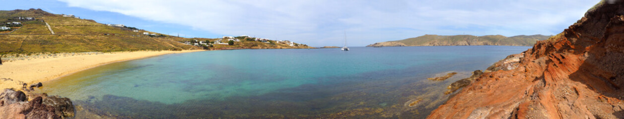 panoramic view of Fokos beach, north of Mykonos, Cyclades island in the heart of the Aegean Sea
