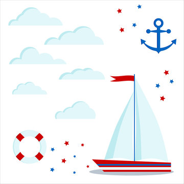 Set icon of blue and red sailboat with two sail and flag, clouds, stars, anchor, lifebuoy.