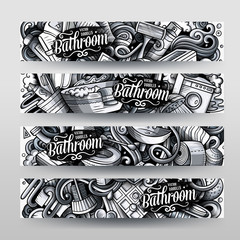 Bathroom hand drawn doodle banners set. Cartoon monochrome detailed 4 flyers.