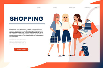 Happy women holding the many various shopping bags cartoon character design flat vector illustration on white background web site page design