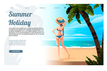 Beautiful woman stand on beach tropical landscape of coast beautiful sea shore beach with palm trees and plants on good sunny day flat vector illustration web site page design