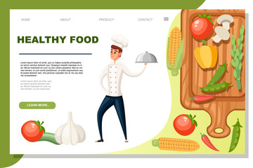Male chef with serving special food cartoon character design flat vector illustration on white background with cutting board and vegetables web site page design