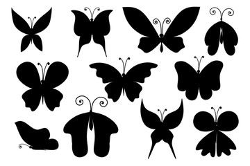 Black silhouette set of abstract decorative butterfly flat vector illustration isolated on white background