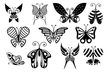 Black silhouette set of abstract decorative butterfly flat vector illustration isolated on white background