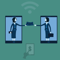 Business concept,Two woman money transfer with smartphone - Vector
